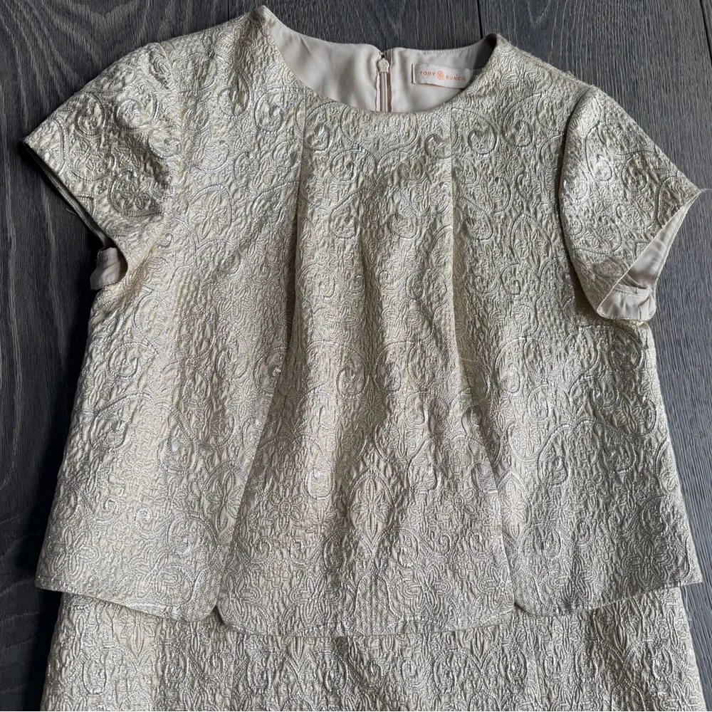 Tory Burch Brielle Metallic Silver Brocade Two Piece Dress in Sandshell Size 6